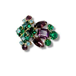 Vintage Gold Tone Brooch With Prong Set Crystals In Purple Blue & Green 1.75" x